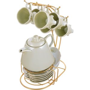 Lotus Porcelain Cocoa Set, 14 Pieces - Olive Gold