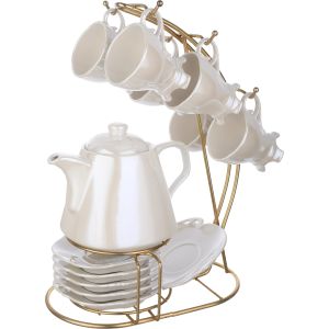 Lotus Porcelain Cocoa Set, 14 Pieces, with Stand - White