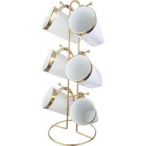Lotus Porcelain Mug Set, 6 Pieces, 220 ml, with Metal Stand