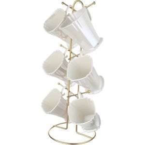 Lotus Porcelain Mug Set, 6 Pieces, with Stand - Off White