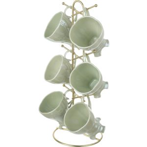 Lotus Porcelain Mug Set, 6 Pieces, with Stand - Olive Gold
