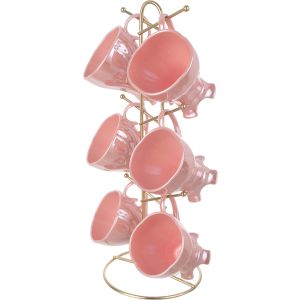 Lotus Porcelain Mug Set, 6 Pieces, with Stand - Rose Gold