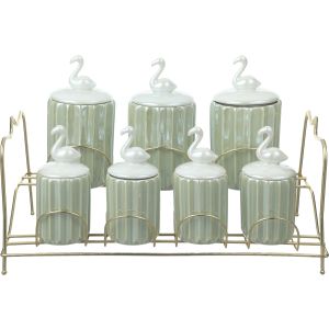 Lotus Porcelain Spice Jar Set, 7 Pieces, with Metal Stand - Multicolor