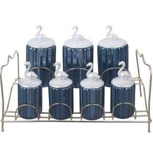 Lotus Porcelain Spice Jar Set, 7 Pieces, with Metal Stand - Multicolor