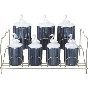Lotus Porcelain Spice Jar Set, 7 Pieces, with Metal Stand - Multicolor