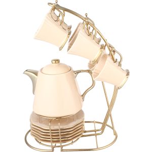 Lotus Porcelain Cocoa Set, 14 Pieces, with Stand - Beige Gold