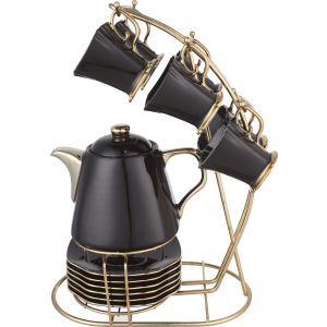 Lotus Porcelain Cocoa Set, 14 Pieces, with Stand - Black Gold