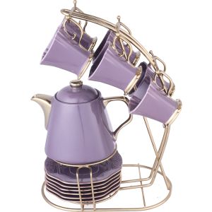 Lotus Porcelain Cocoa Set, 14 Pieces, with Stand - Mauve Gold