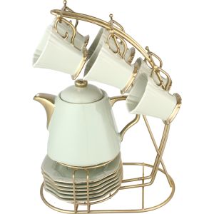 Lotus Porcelain Cocoa Set, 14 Pieces, with Stand - Olive Gold