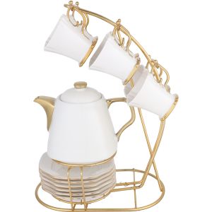 Lotus Porcelain Cocoa Set, 14 Pieces, with Stand - White Gold