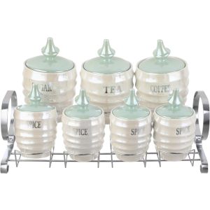 Elsalsabil Porcelain Spice Jar Set, 7 Pieces, with Stand - Beige Olive