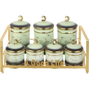 Elsalsabil Porcelain Spice Jar Set, 7 Pieces, with Stand - Olive Gold