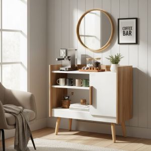 Chipboard Wooden Coffee Corner, 80×30×85, 1 Door, 2 Shelves - White Brown