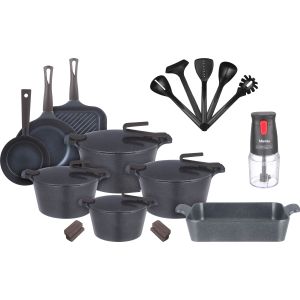 Pyrex Granite Pots Set, 21 Pieces, with Gift Mienta Chopper - Navy