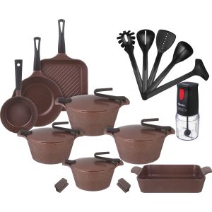 Pyrex Granite Pots Set, 21 Pieces, with Mienta CH2361B Electric Chopper Free Gift, 450 Watt - Brown