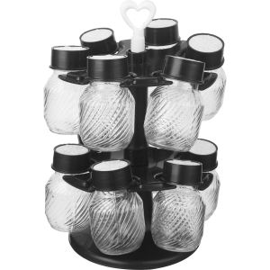 Al Abd Acrylic Spice Jar Set With Plastic Lid, 12 Pieces, 80 ml, With Stand - Clear Black
