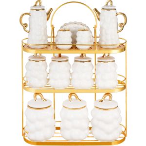 Group Tiger Porcelain Spice Set, 12 Pieces, with Metal Stand - White Gold