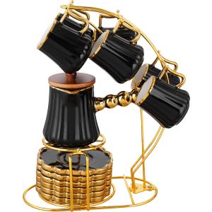 Group Tiger Porcelain Coffee Cup Set, 13 Pieces, with Stand - Black Gold