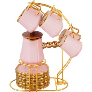 Group Tiger Porcelain Coffee Cup Set, 13 Pieces, with Stand - Pink Gold