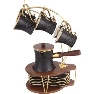 Group Tiger Porcelain Coffee Cup Set, 13 Pieces, with Stand - Black Gold