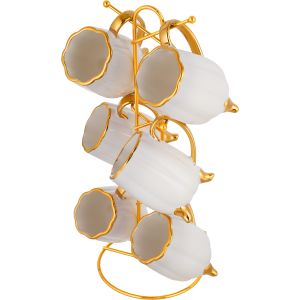 Group Tiger Porcelain Tea Mug Set, 6 Pieces, 300 ml, with Stand - Gold White