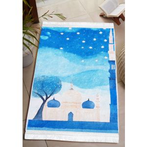 سجادة صلاه قطيفه، ظهر دوتس، 40×75 سم، 290 جرام تقريبا - ازرق ابيض
