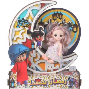 Wooden Ramadan Stand in Crescent Shape, with Doll, Sound and Light, Size: 26×32 cm - Multicolor