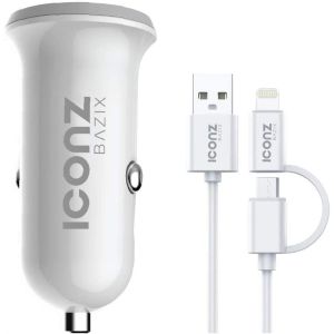 Icons Bazix XCC07W Car Charger, 2 in 1 Cable, 3.4 A - White
