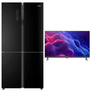Haier HRF-530TDBG Digital Inverter No Frost Refrigerator, 502 Liter, 4 Doors - Black, With Haier H32K70E TV, 32 inch, HD, LED, built-in receiver - Black