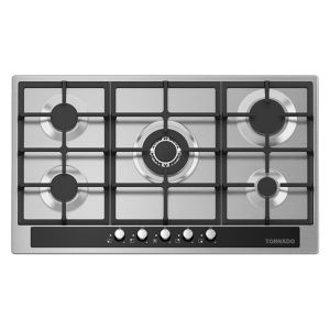 Tornado GHV-M90CSU-BK Built-in Hob Gas Cooker, 5 Gas Burners, Size 90 x 60 cm, Cast Iron Holders, Full Safety - Silver