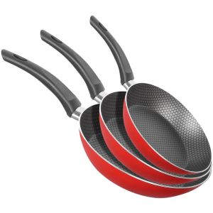 Trueval Teflon Frying Pan Set, 3 Pieces - Red