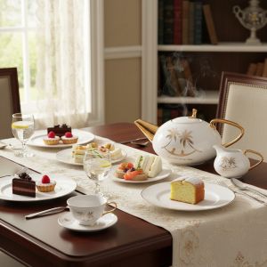 Lotus Dream Porcelain Tea and Cake Set, 24 Pieces - White Gold