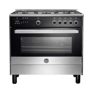 La Germania 9L10G4A1X4AWW Supremo Gas Cooker, 5 Burners, 90 x 60 cm, Cast Iron Pan Supports, Full Safety Features, Self Ignition - Black Silver